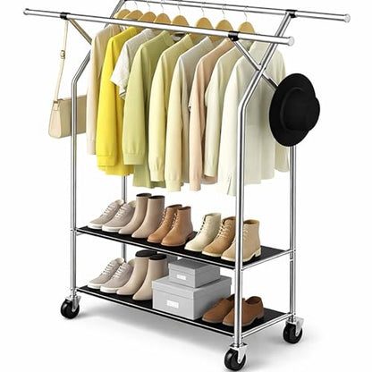 HAPPY CHEERS Heavy Duty Clothes Rack,Double Rods Clothing Rack for Hanging Clothes,Rolling Clothing Racks with Wheels,Metal Garment Rack for Bedroom Laundry Living Room,Silver | Double Rods Clothing Rack for Hanging Clothes, Rolling Clothing Racks with Wh