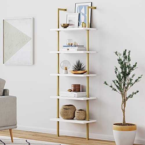 Nathan James Theo 5-Shelf Modern Bookcase, Open Wall Mount Ladder Bookshelf with Industrial Metal Frame, White/Gold - color: Theo White/Gold, size: Set of 1