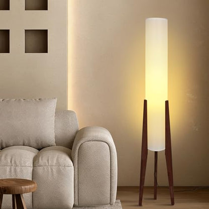 Wabi-Sabi 50" Wood Tripod Floor Lamp with Paper Lantern Inspired | Tall Linen Fabric Shade, E26 3-Color Temperatures Bulb Included, Foot Switch, Walnut Finish For Living Room, Bedroom, Office - color: Walnut
