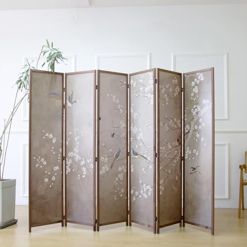 6 Panel Room Divider for Room Separation, 5.6 ft Tall Double Sided Blackout Folding Privacy Screen - Freestanding Wall Partition with Plums and Birds Scenery for Home Office (67"H x 94.5"W) - color: Plums and Birds, size: 6 Panel