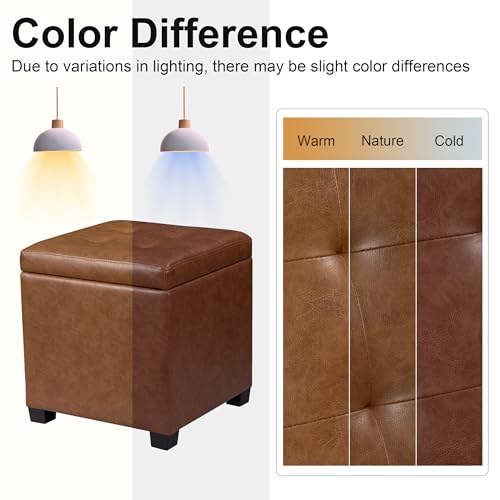 15 inch Square Storage Ottoman with Tray Lid,Modern Tufted Faux Leather Cube Coffee Table with Storage,Upholstered Ottoman with Removable Top for Living Room, Bedroom - color: Faux Leather -Taupe Brown With Tray