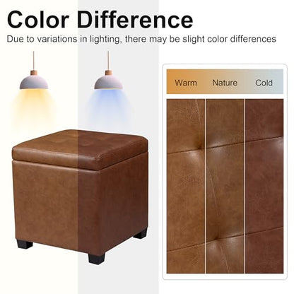 15 inch Square Storage Ottoman with Tray Lid,Modern Tufted Faux Leather Cube Coffee Table with Storage,Upholstered Ottoman with Removable Top for Living Room, Bedroom - color: Faux Leather -Taupe Brown With Tray