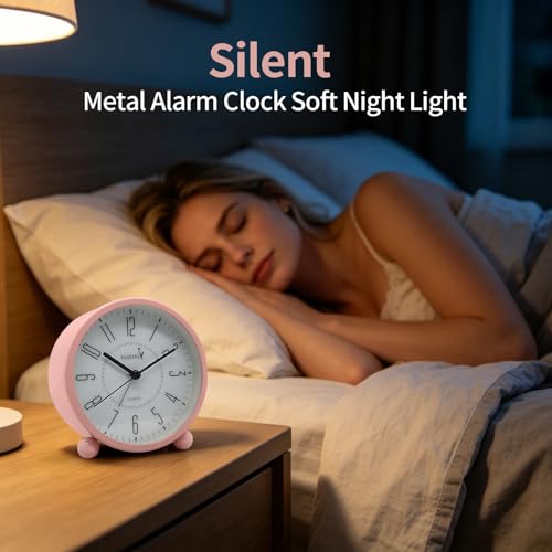 FLOITTUY Super Silent Metal Alarm Clock,Beep Wake Round Alarm Clock with Night Light,Battery Operated,Easy Set,Simple & Retro for Desk, Bedroom and Home Decoration(Pink) - color: Pink