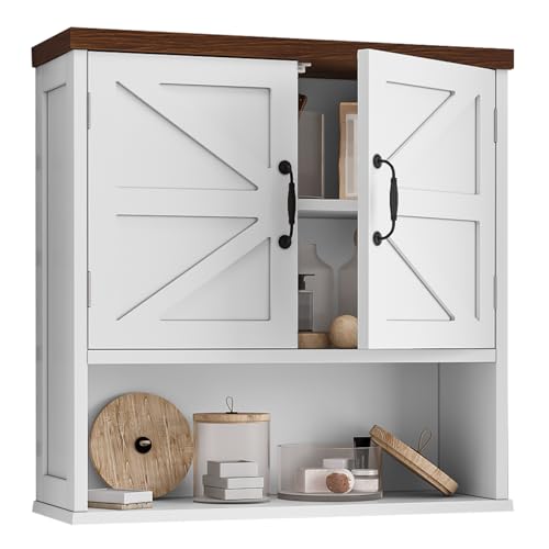 Bathroom Wall Cabinet with Barn Doors, Wall Mounted Bathroom Cabinet, Farmhouse Style, Adjustable Shelf, Wall Mounted Medicine Cabinets, 23.6 x 7.9 x 23.9 Inches - color: White, size: Large Bathroom Cabinet