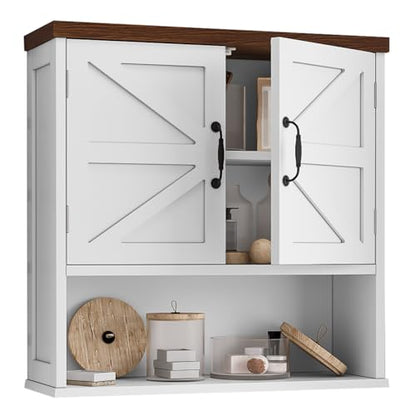 Bathroom Wall Cabinet with Barn Doors, Wall Mounted Bathroom Cabinet, Farmhouse Style, Adjustable Shelf, Wall Mounted Medicine Cabinets, 23.6 x 7.9 x 23.9 Inches - color: White, size: Large Bathroom Cabinet