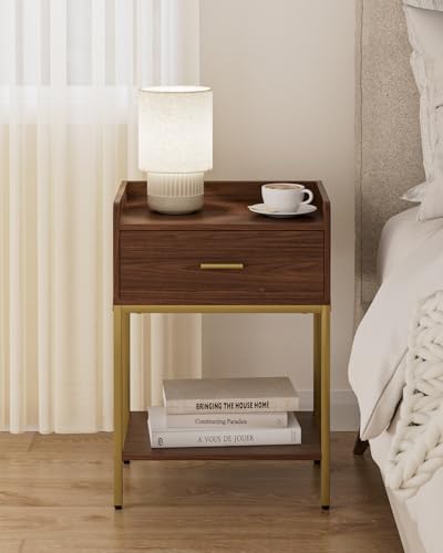 Masupu Nightstand, 3-Tier Modern Bedside Night Stand with Storage Drawer and Shelf, Small End Side Table for Bedroom, Living Room, Walnut - color: Brown Walnut