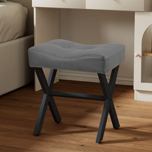 18-Inch Leather Vanity Stool Chair, Gray Makeup Stool | Vanity Bench, Metal X-Leg, 300 LBS, 16.3"x12.4"x18", Ottoman Accent Stool, Thick Padded Saddle Seat, For Living Room Bedroom - size: Small, style: Gray Leather