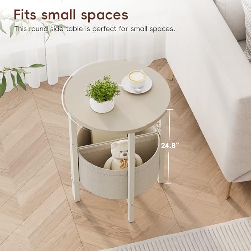 Small Round Side Table End Table, Tall Accent Table with Storage Basket, Set of 2 Half Round Tables Half Moon Tables, Coffee Bedside Tables, Modern Nightstand for Living Room Bedroom, Cream - color: Cream White