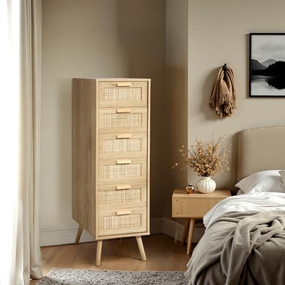 Finnhomy Rattan Dresser for Bedroom, Tall Dresser with 6 Hand Made Rattan Decorated Drawers, Small Chest of Drawers for Living Room, Closet, Hallway, Natural - size: 15.5"D x 15.7"W x 49"H (6 Drawers)
