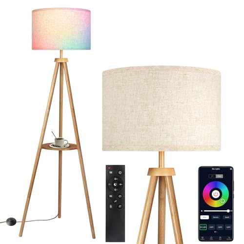 OUTON Tripod Floor Lamp with Shelves, Mid Century Dimmable Wood Floor Lamp with Remote Control, 4 Color Temperatures, Standing Tall Lamp with Linen Shade for Living Room, Bedroom, Office, Oak Hardwood - color: Wood (RGB)
