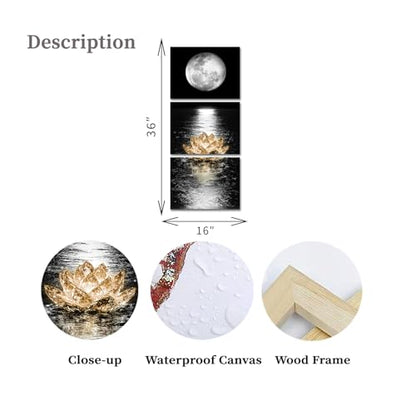 Artmyharbor 3 Pieces Vertical Black White Full Moon Wall Art | 12x16 Inches, Golden Lotus Moon Phase Landscape Print, Bedroom Office Apartment Decor