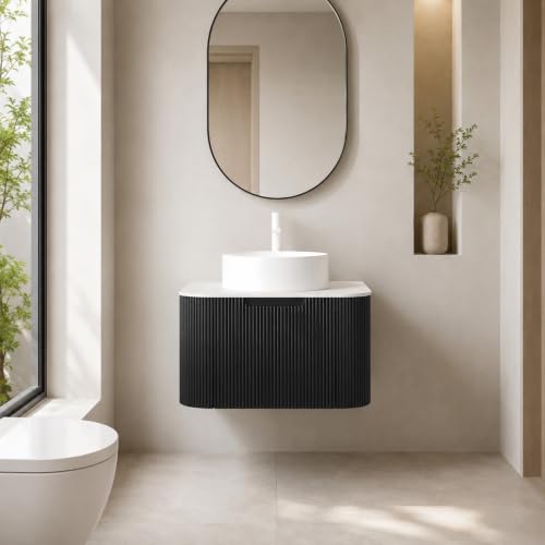 24" Floating Bathroom Vanity with Sink, Wall Mounted Plywood Cabinet, Black Fluted Front, Sintered Stone Countertop, White Round Ceramic Vessel Sink, Soft-Close Drawer, Pre-Assembled - color: Black Cabinet / White Sink, size: 24 Inch