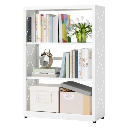 SteeLoong 3 Tier Bookcase,Metal Bookshelf with Adjustable Feet & Shelves | 34"H White Book Shelf with Bookends,Small Bookcase for Small Places,Modern Open Bookshelf for Home Office,Kitchen,Garage - color: White, size: 3-Tier 23"W