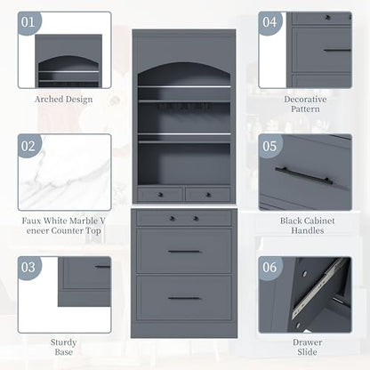 Modern 28.7x17.5x83.7 Inch Tall Kitchen Pantry Cabinet, Freestanding Hutch with Faux Marble Top, 5 Drawers & Adjustable Shelf, Glass Holders, Space-Saving Storage for Kitchen/Dining Room (1, Gray) - color: Grey