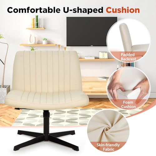 Criss Cross Chair, Armless Cross Legged Office Chair, Comfortable Vanity Chair with Back, Fabric Adjustable Wide Swivel Criss Cross Desk Chair for Home Office, Beige - color: Beige