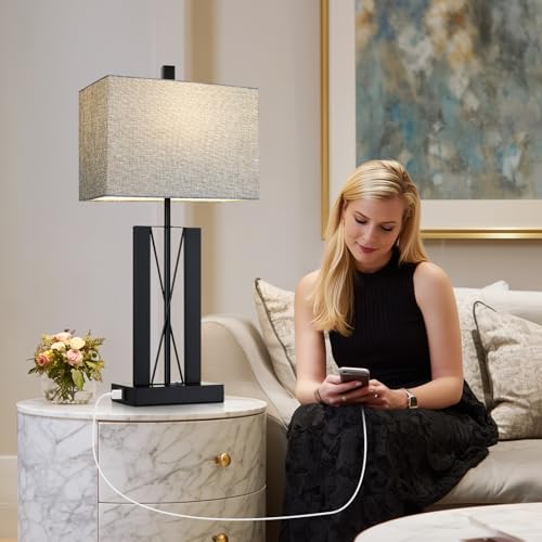 Lolikit 25" Table Lamps Set of 2, Modern Table Lamp for Living Room with 2 USB Charging Ports, Nightstand Geometric Industrial Bedside Lamp with Gray Shade for Bedrooms End Table Decor, Bulbs Included - color: Gray - 25"H
