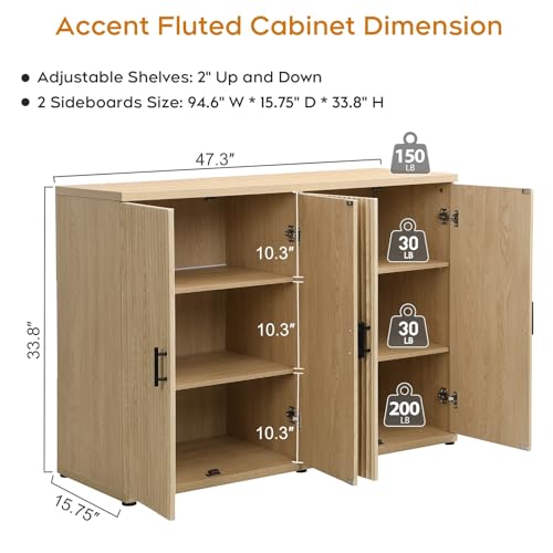 94.6" Fluted Sideboard Buffet Cabinet with Storage and 8 Doors, Mordern Credenza Storage Cabinet with Adjustable Shelves, Media Console Table, for Living Room Dinning Kitchen/Oak(2 PCS) - color: Natural Oak, size: 2 Pieces