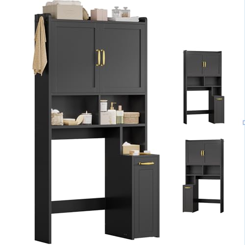 Over The Toilet Storage Cabinet with Pulley Bathroom Storage Cabinet, Space Saver W/Adjustable Shelf & Open Shelf for Bathroom, Restroom, Laundry (Black) - color: Black