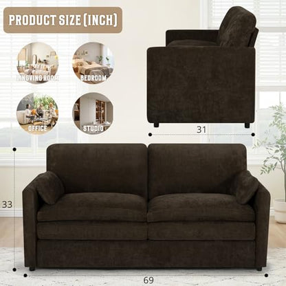 69" Chenille Soft Sofa w/Well-Filled Backrests, Brown | Modern Loveseat w/Plump Pillows, 2 Seater Upholstered Couch w/Thick & Comfy Cushions for Living Room, Bedroom - color: Brown, size: Loveseat