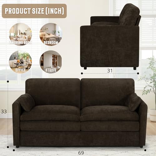 69" Chenille Soft Sofa w/Well-Filled Backrests, Brown | Modern Loveseat w/Plump Pillows, 2 Seater Upholstered Couch w/Thick & Comfy Cushions for Living Room, Bedroom - color: Brown, size: Loveseat
