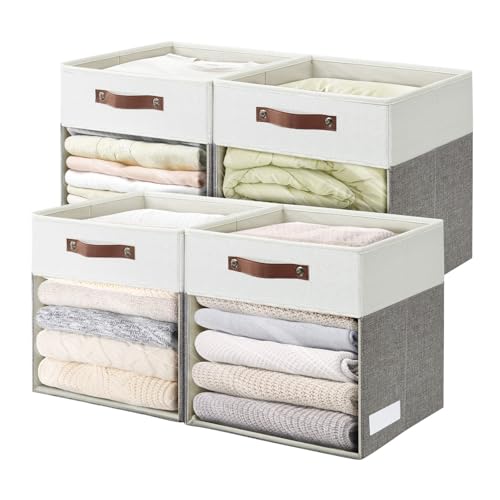 Storage Cubes, 4 Pack Linen Foldable Storage Bins (13 x 13 inch) with Clear Window and 2 Handles, Closet Organizers and Storage for Shelf Closet, Clothes, Books - (Gray and White) - color: Gray / Off-White, size: 13 x 13 x 13