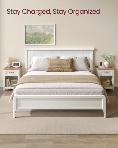 VASAGLE Farmhouse Nightstand with Charging Station, 1 Drawer | Bedside Table, Side Table with Open Compartment, for Bedroom, Rustic White and Honey Brown, LIRY Collection ULET659K41 - color: Rustic White + Honey Brown, size: 1 PACK, style: 17.7"W x 23.6"H