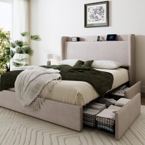 SHA CERLIN Queen Size Storage Bed Frame with 4 Oversized Drawers, Modern Wingback Headboard with Storage Shelf & Charging Station, No Box Spring Needed, Easy Assembly, Beige - color: Beige, size: Queen