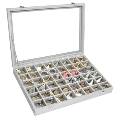 Siveit Velvet Jewelry Tray 48 Grid Jewelry Display Tray Organizer Box with Transparent Lid Rings Earrings Necklaces Pendants Display Box Suitable for Women and Girls (Grey) - color: Grey