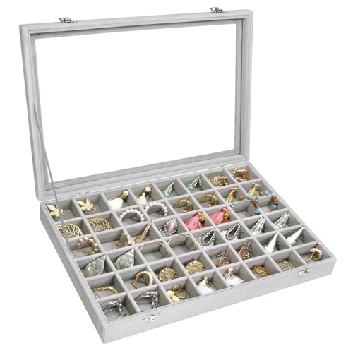 Siveit Velvet Jewelry Tray 48 Grid Jewelry Display Tray Organizer Box with Transparent Lid Rings Earrings Necklaces Pendants Display Box Suitable for Women and Girls (Grey) - color: Grey