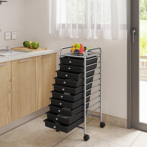Yaheetech 10-Drawer Rolling Storage Cart with Wheels, Slim Organizer, Black | Ten see-through drawers plus a top shelf organize craft, office, and art gear; slim steel frame, locking wheels, easy setup. - color: Black, style: 10 Drawers
