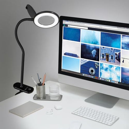 OttLite LED Clip-On Magnifier Lamp with Optical Grade Magnification, Black | ClearSun LEDs | 1.75x Optical Grade Magnifier with 4x Spot Viewer | Sturdy Clip | 3 Brightness Settings - color: Black