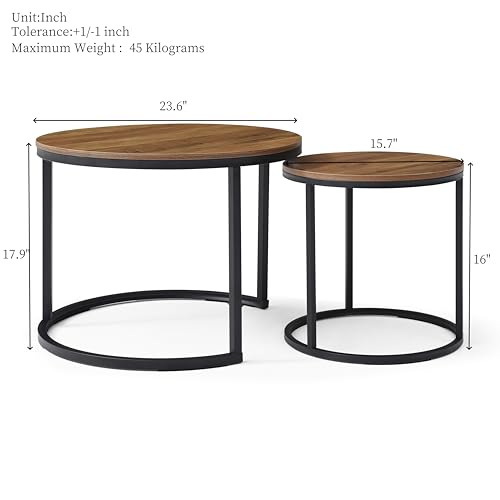 Nesting Side Tables, Coffee Table Set of 2 with Sturdy Metal Frame, Modern Industrial Simple Nightstand for Living Room Bedroom Apartment (Walnut) - color: Walnut