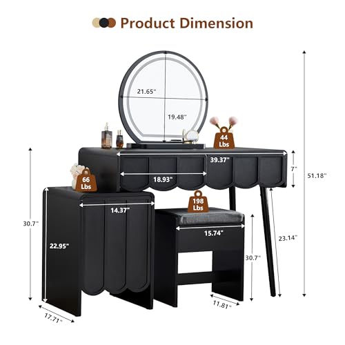 Vanity Desk with Mirror and Lights, Modern Wood Wave Panel Vanity Desk Set Makeup Table with Drawers and Cabinet, Dressing Table with Storage for Bedroom, Black - style: Black