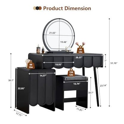 Vanity Desk with Mirror and Lights, Modern Wood Wave Panel Vanity Desk Set Makeup Table with Drawers and Cabinet, Dressing Table with Storage for Bedroom, Black - style: Black