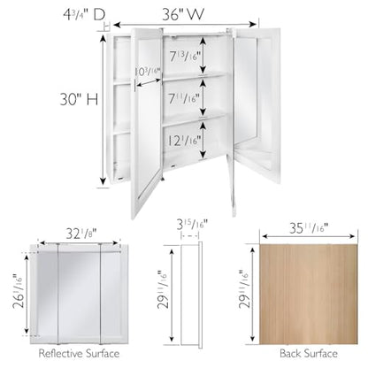 Design House Wyndham Tri-View Medicine Cabinet, 36", White | Wall Mount, Transitional, Wood, Bath, 545103-WHT - color: White, size: 36 in. W x 30 in. H