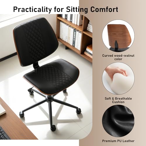 Modern Walnut Home Office Chair, Executive Desk Chair No Arms Black | with Wheels, Adjustable Height, Comfy PU, Deeper Cushion, Mid Back, 360 Swivel Computer Chair - color: Black