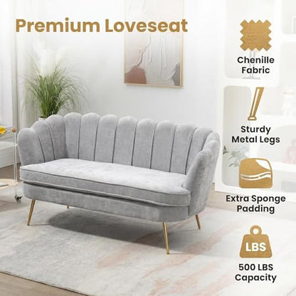 Modern Chenille Loveseat Couch, Futon Small Sofa with Gold Metal Legs | 2-Seater Upholstered Mini Sofa Couches for Small Space,Living Room Bedroom Office Dorm Studio Apartment Love Seat Couche - color: Grey