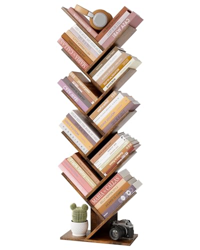 Hoctieon 10 Tier Tree Bookshelf, 10 Shelf Bookcase, Free Standing Tree Bookcase, Display Floor Standing Shelf for Books, Book Shelf Organizer, Rustic Brown - color: Rustic Brown, size: 10 Tier