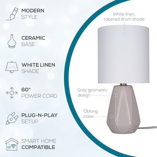 Catalina Lighting Ceramic Table Lamp for Office, Living Room, Dorm or Bedroom, Smart Home Compatible, Bulb Not Included, 17", Grey
