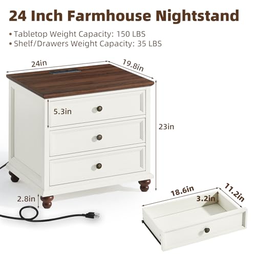 Joaxswe Farmhouse Nightstand with Charging Station, 24" Wide End Table with 3 Drawers,White Wood Dresser for Bedroom, Bed Side Table Chest of Drawers Cabinet,Night Stand for Living Room, Closet - color: White, size: 19.76"D x 24"W x 22.91"H (3 Drawers)