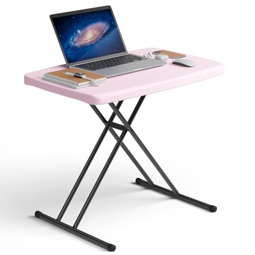 Folding Table 30 Inch - Small Desk Adjustable Height TV Tray for Laptop, Couch, Camping - Heavy Duty Utility Foldable Table for Small Spaces, No Assembly Required, Pink Granite - color: Pink, size: 30in