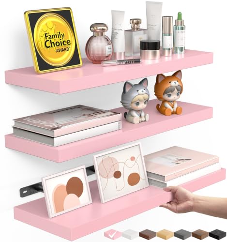 BAYKA Pink Floating Shelves 15.7in, Set of 3, Wall Mounted for Wall Decor | Easy Install, 22lbs Max Load, Hidden Bracket, Shelving for Bathroom Bedroom Kitchen Display Storage, Multi-Wall Compatible - color: D. Pink - Romantic & Sweet Style, size: 15.7inc