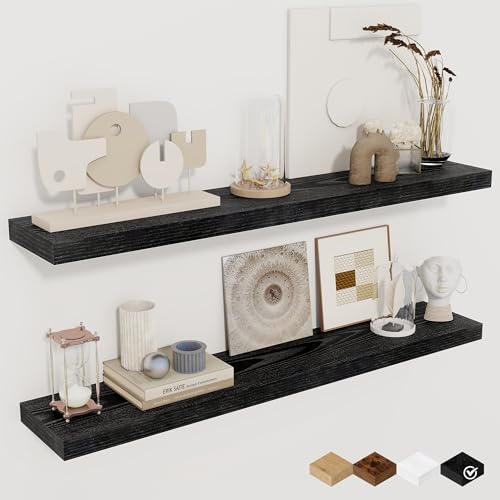 Fun Memories 36Inch Floating Shelves for Wall 2 Pack Wood Shelves for Kitchen, Bathroom, Bedroom Wall Mounted Rustic Wood Floating Shelf with Invisible Brackets for Books, Storage, Decor, Black - color: Black, size: 36"W x 6.5"D, 2Packs