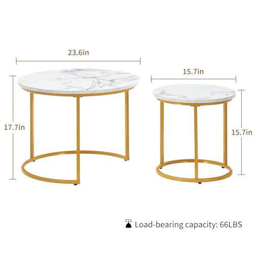 Round Nesting Coffee Table Set of 2, Stacking Minimalist End Table | Modern Marble Pattern Wooden Nesting Tables for Living Room Bedroom Small Space, White Top and Gold Leg - color: Glod Leg+white Top