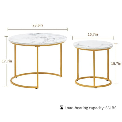 Round Nesting Coffee Table Set of 2, Stacking Minimalist End Table | Modern Marble Pattern Wooden Nesting Tables for Living Room Bedroom Small Space, White Top and Gold Leg - color: Glod Leg+white Top