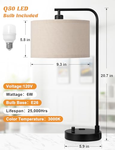 20.7" Tall Table Lamp with USB & Outlet, Fully Dimmable Nightstand Lamp | Linen Lampshade, USB Port and Outlet, Black Desk Lamp for Bedside, Living Room, Guest Room, Home Office, LED Bulb Included - color: A-Beige Shade & Black Base