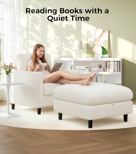 Welzona Sofa Accent Chair with Ottoman, 33" Teddy Reading Chair and Ottoman | Comfy Teddy Fabric, Tool-free Setup, Washable Covers, All-wood Chair and Ottoman Sets for Living Room, Bedroom, Beige - color: Beige, size: standard & ottoman