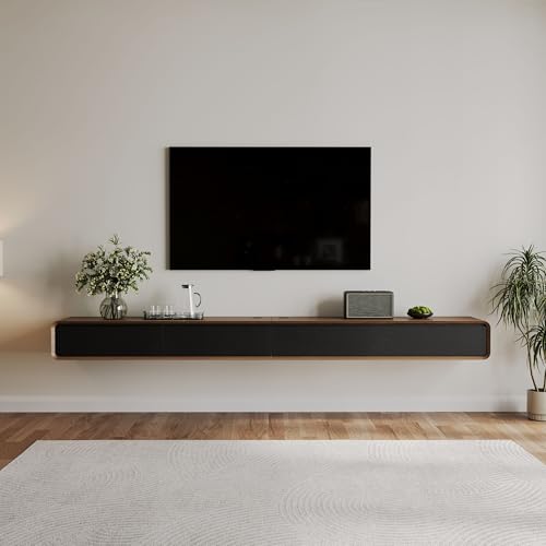 POVISON Fully-Assembled Minimalist Floating TV Stand, Modern Wall-Mounted Entertainment Center with 4 Flip-Down Cabinet Doors, Solid Wood Media Console, 110.24" - color: Walnut & Black, size: 110.24"