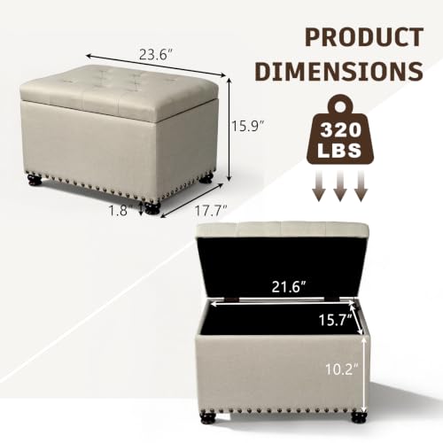 Ottoman with Storage,24" Fabric Ottoman Foot Rest with Hinged Lid Small Rectangle Upholstered Button Tufted Foot Stools Ottomans for Bedroom Living Room Entryway,Beige - color: Beige,bronze Rivets