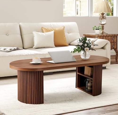 Oval Fluted Coffee Table, 47" Farmhouse Wood Coffee Table Mid Century Modern Center Table Boho Living Room Tables for Living Room Office,Walnut - color: Walnut, size: 19.69"D x47.2"W x 15.74"H